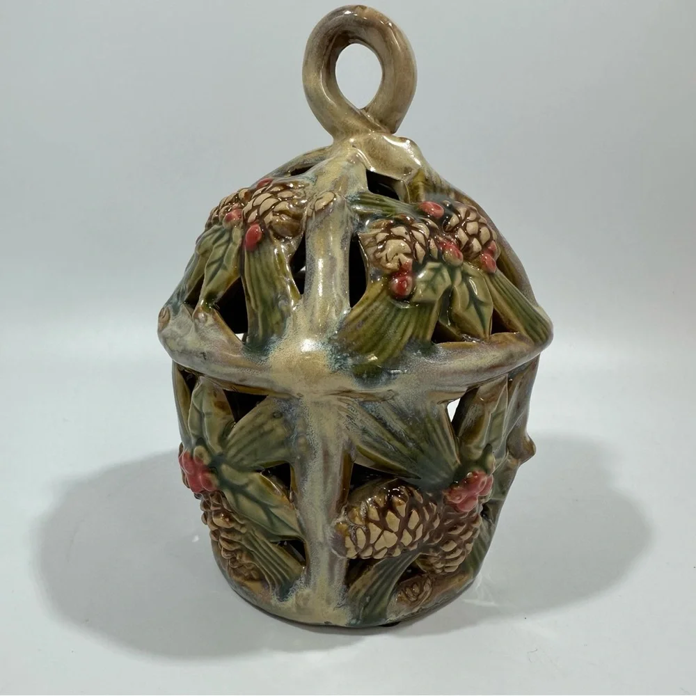Vintage Hanging Holly Pinecone Holiday Winter Christmas Candle Holder Ceramic